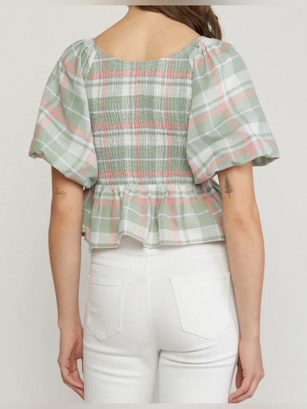Entro Womens L Green Plaid Puff Sleeve Peplum Top Summer Preppy Fairy Feminine - Picture 2 of 15